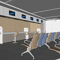 Modern Public Service Hall Interior With Wooden Counters Seats Screens And Plants