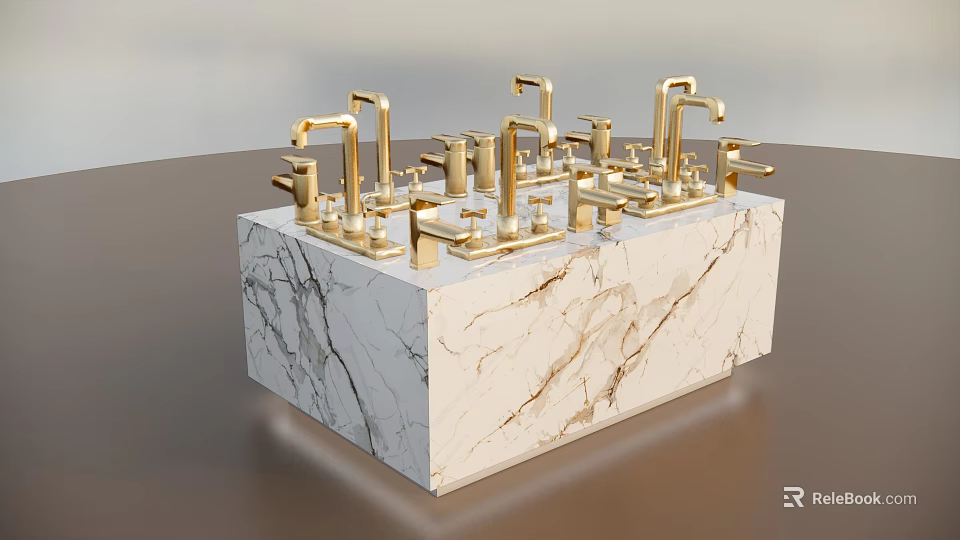 Luxury Multiple Golden Faucets Displayed On Elegant Marble Countertop Design 3d model 