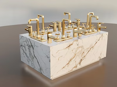 Luxury Multiple Golden Faucets Displayed On Elegant Marble Countertop Design 3d model