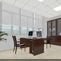 Modern Office Interior With Wooden Desk Computer Chairs Window Blinds Bookcases And Green Plants