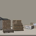 Warehouse Storage Shelf with Black Cover and Stacked Cartons Wooden Boxes