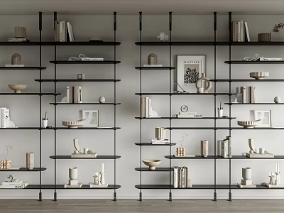 Sleek Black Bookcase With Multiple Shelves Featuring Books Decorative Items And Picture Frame 3d model