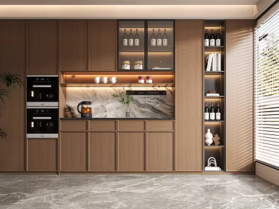 Modern Kitchen Wine Cabinet With Wooden Design Glass Doors And LED Lighting 3d model