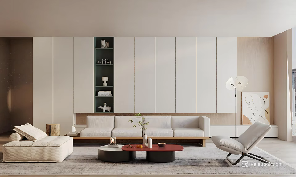 Modern Living Room Interior Design With Beige Sofa Open Shelves Storage Cabinets And Floor Lamp 3d model 