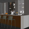 Modern Restaurant Interior With Open Kitchen City Skyline River View And Black Bar Stools