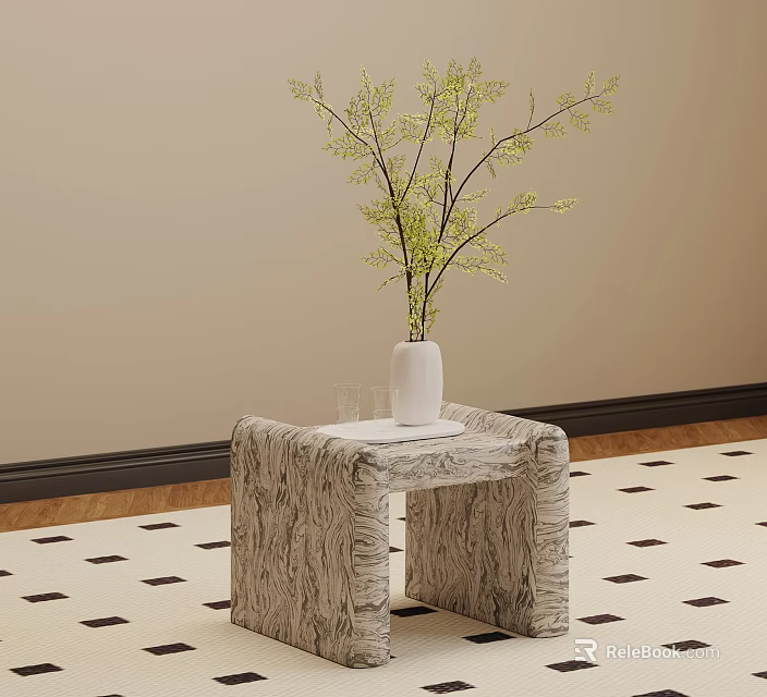 Textured Side Table With White Vase Green Branches On Geometric Pattern Floor 3d model