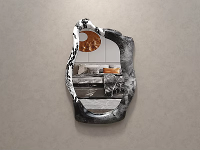 Modern Irregular Shaped Wall Mirror Reflecting Bedroom With Bed And Decor 3d model