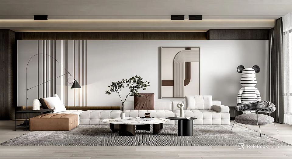 Modern Living Room Interior With White Sofa Brown Ottoman Coffee Tables And Abstract Painting 3d model 