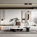 Modern Living Room Interior With White Sofa Brown Ottoman Coffee Tables And Abstract Painting
