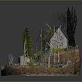 Cartoon Scene Featuring Old House With Mossy Roof Pine Trees Dead Trees And Path