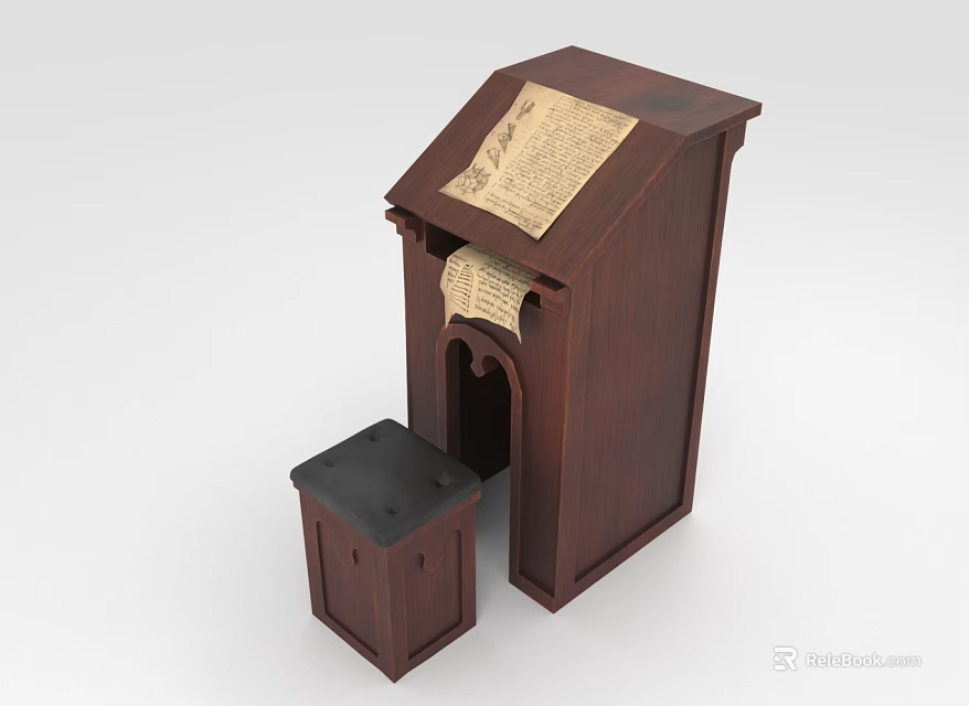 Dark Brown Wooden Functional Desk with Tilted Surface Stool and Documents on Top 3d model