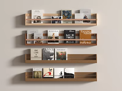 Wooden Wall Mounted Layered Bookshelves With Decorative Books And Minimalist Neutral Design 3d model