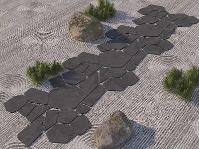 Serene Garden Ornament Featuring Irregular Stone Path Raked Sand Patterns And Small Green Plants 3d model