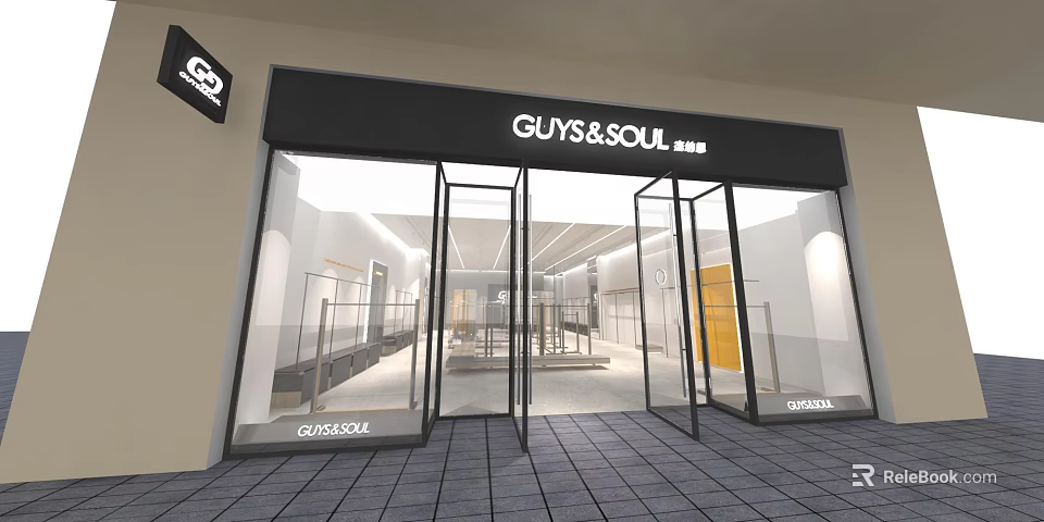 Modern GUYS&SOUL Clothing Store With Glass Doors Window Display And Clothing Racks 3d model 