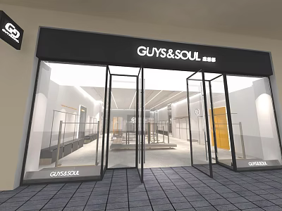 Modern GUYS&SOUL Clothing Store With Glass Doors Window Display And Clothing Racks 3d model