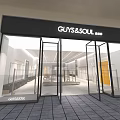 Modern GUYS&SOUL Clothing Store With Glass Doors Window Display And Clothing Racks