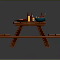 Assorted Delicious Foods on Picnic Table with Plates Dishes Drink and Condiment Bottles