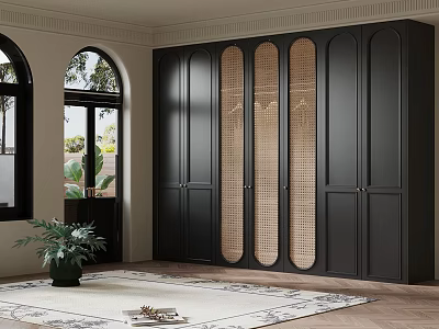 Black Wardrobe With Rattan Panels In Interior Space Near Arched Window And Green Plant 3d model