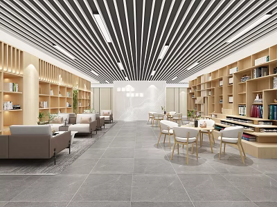 Modern Lounge Area with wooden bookshelves sofas tables chairs green plants and striped ceiling 3d model