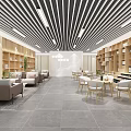 Modern Lounge Area with wooden bookshelves sofas tables chairs green plants and striped ceiling