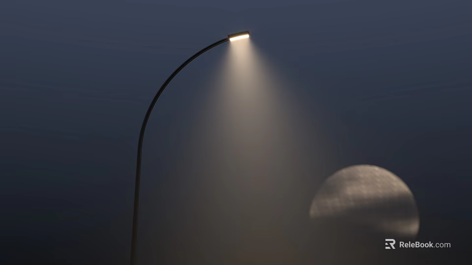 Curved Arm Floor Lamp Illuminating Dark Background With Round Moon Like Object 3d model 