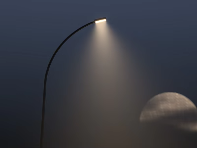 Curved Arm Floor Lamp Illuminating Dark Background With Round Moon Like Object 3d model