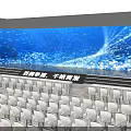 Banquet Hall With Large LED Screen Dynamic Blue Light Effects And Stage Audience Seats