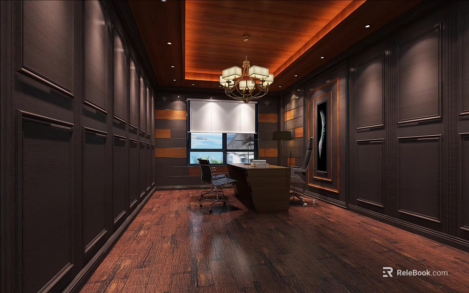 Elegant Office Interior With Dark Wooden Walls Ceiling Chandelier Desk Office Chair And Wooden Flooring 3d model 