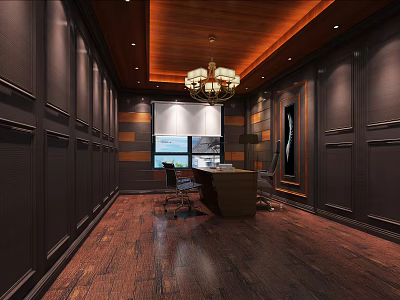 Elegant Office Interior With Dark Wooden Walls Ceiling Chandelier Desk Office Chair And Wooden Flooring 3d model