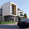 Modern Detached Villa Exterior With Large Glass Windows And Two Story Design Surrounded By Trees
