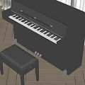 Black Piano With Matching Stool In Bright Room With Wooden Floor And Curtains