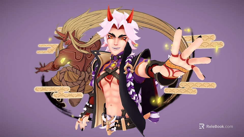 White Haired Red Horned Character With Mythical Creature And Glowing Cloud Motifs 3d model 
