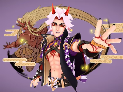 White Haired Red Horned Character With Mythical Creature And Glowing Cloud Motifs 3d model