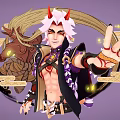 White Haired Red Horned Character With Mythical Creature And Glowing Cloud Motifs