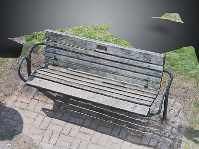 Natural Setting With Weathered Wooden Bench And Metal Armrests On Brick Pavement 3d model