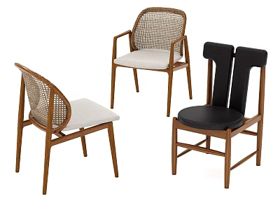 Three Modern Dining Chairs with Rattan Backrests Wooden Frames and Cushioned Seats 3d model