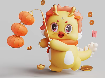 Cheerful Yellow Cartoon Dragon Holding Hanging Lanterns with Gold Coins and Red Envelopes 3d model