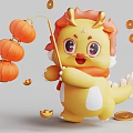 Cheerful Yellow Cartoon Dragon Holding Hanging Lanterns with Gold Coins and Red Envelopes