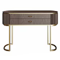 Elegant Dark Brown Entryway Console Table With Wood Grain Gold Accents And Circular Ring Legs