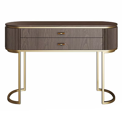 Elegant Dark Brown Entryway Console Table With Wood Grain Gold Accents And Circular Ring Legs 3d model
