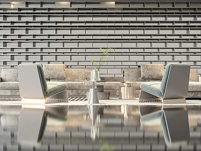 Modern Sofa Coffee Table Combination With Gray Upholstery Metal Legs and Textured Wall Design 3d model
