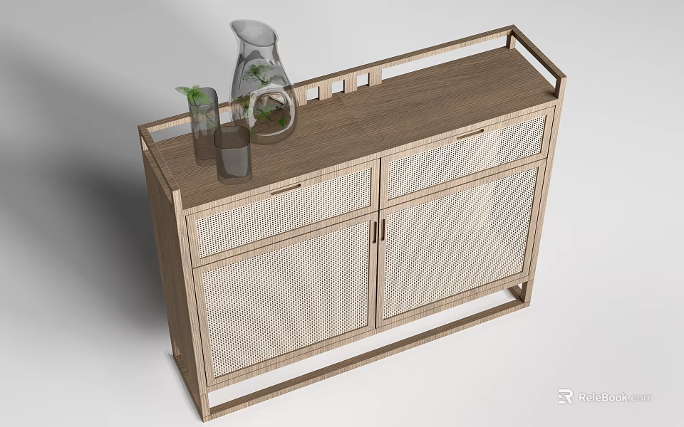 Wooden Entryway Console Cabinet With Mesh Doors And Decorative Vase Plant On Top 3d model 
