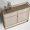 Wooden Entryway Console Cabinet With Mesh Doors And Decorative Vase Plant On Top