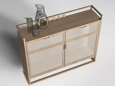 Wooden Entryway Console Cabinet With Mesh Doors And Decorative Vase Plant On Top 3d model