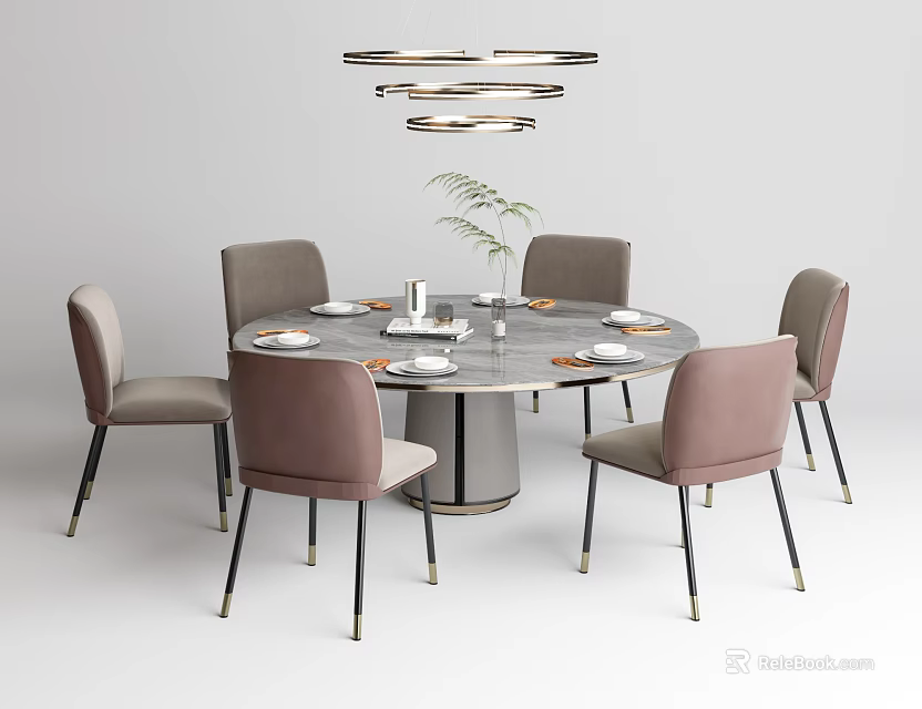 Round Marble Top Dining Table Set With Six Upholstered Chairs And Pendant Light 3d model
