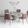 Round Marble Top Dining Table Set With Six Upholstered Chairs And Pendant Light 3d model