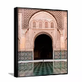 Scenic Landscape Painting of Traditional Arched Doorway With Decorative Tiles and Water Reflection