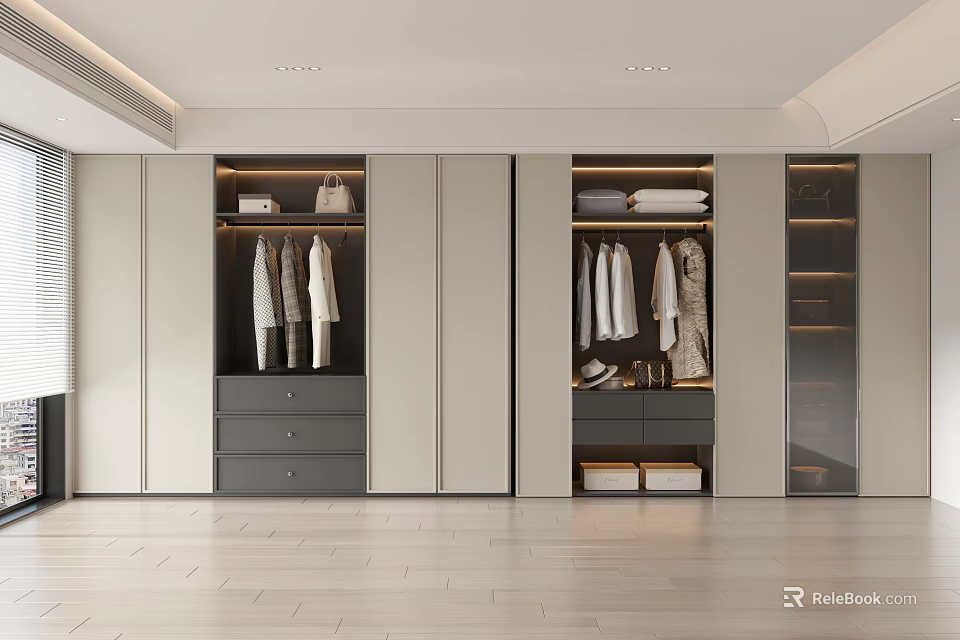 Modern Built-in Wardrobe Design With Sliding Doors Hanging Space Open Shelves And Drawers 3d model 