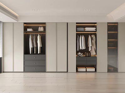 Modern Built-in Wardrobe Design With Sliding Doors Hanging Space Open Shelves And Drawers 3d model