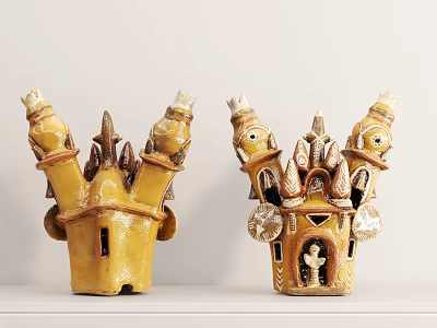 Ceramic Vessels Yellow Castle Shaped With Decorative Towers Windows And Intricate Design 3d model